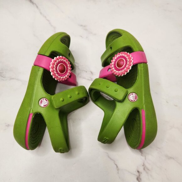 Crocs Keeley Sandals Pink Green Summer Rubber Flower Girls Child 10 - Picture 6 of 8